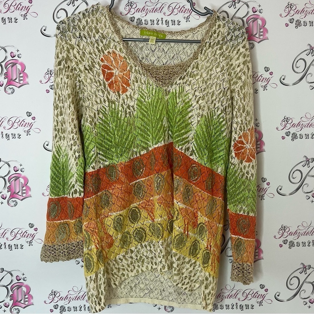 Sigrid Olsen long sleeve boho crochet knit style tropical Cream Lace Top